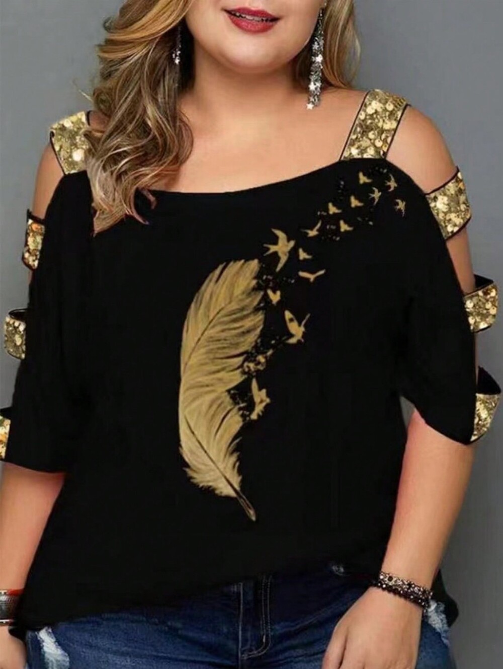 Women's Black Cold-Shoulder Top with Gold Feather Print